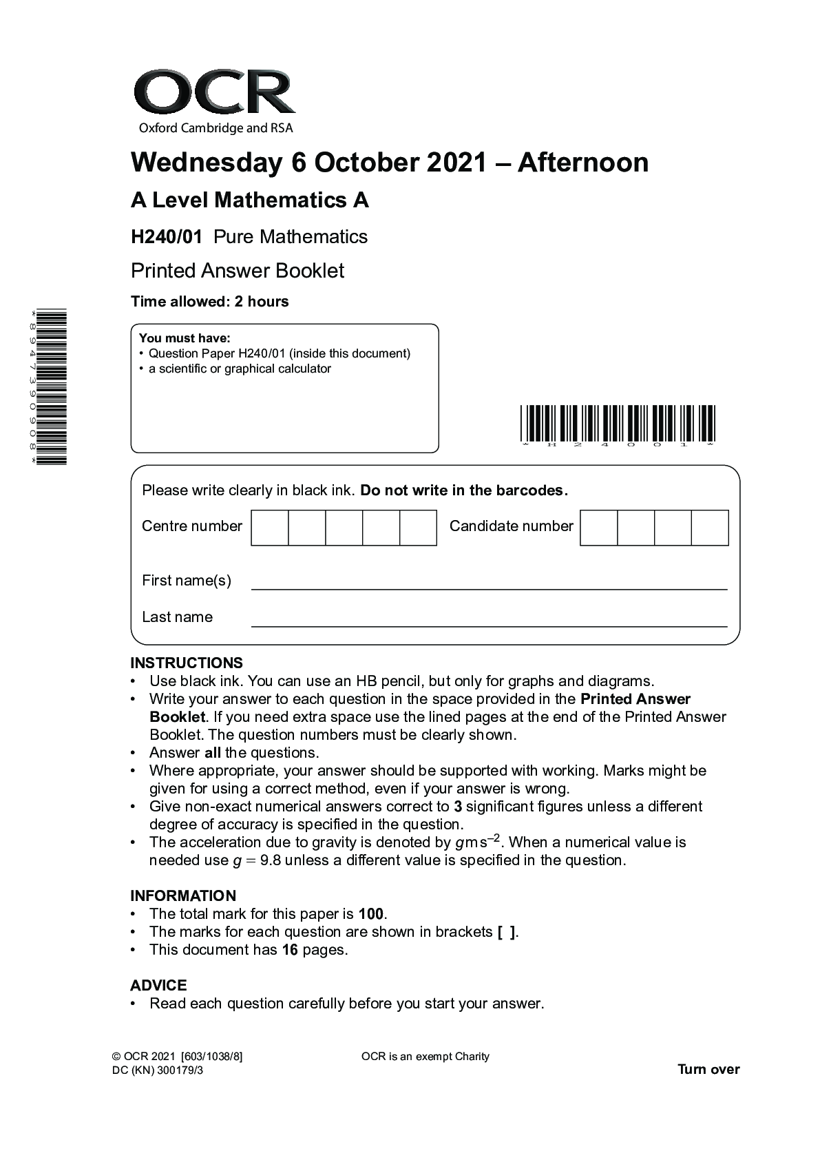 Preview image for > Wednesday 6 October 2021 – Afternoon A Level Mathematics A H240/01 Pure Mathematics Printed Answer Booklet